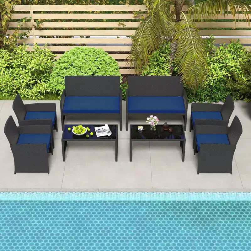 Costway Salon de jardin 4 pièces avec coussins d'assise et plateau de table en verre trempé, Extérieur Rouge/Noir/Blanc cassé/Gris/Turquoise/Bleu marine
