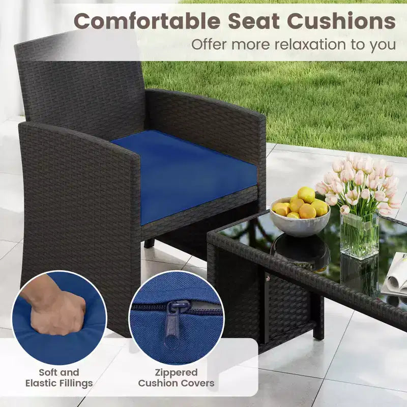 Costway Salon de jardin 4 pièces avec coussins d'assise et plateau de table en verre trempé, Extérieur Rouge/Noir/Blanc cassé/Gris/Turquoise/Bleu marine