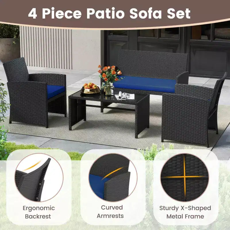 Costway Salon de jardin 4 pièces avec coussins d'assise et plateau de table en verre trempé, Extérieur Rouge/Noir/Blanc cassé/Gris/Turquoise/Bleu marine