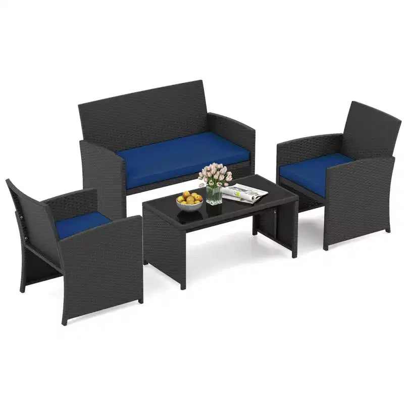 Costway Salon de jardin 4 pièces avec coussins d'assise et plateau de table en verre trempé, Extérieur Rouge/Noir/Blanc cassé/Gris/Turquoise/Bleu marine