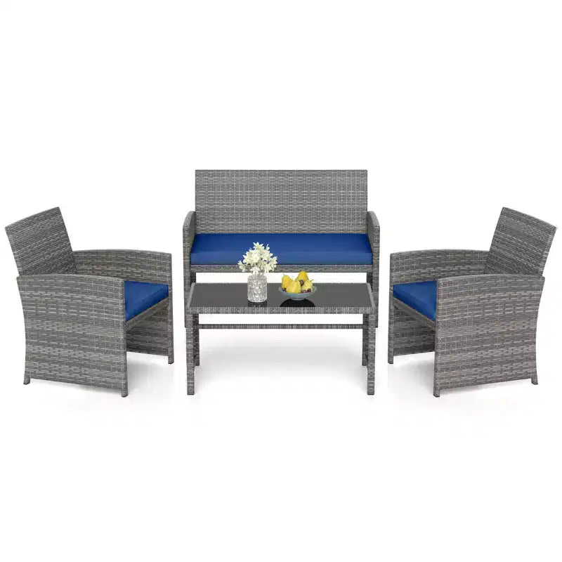 Costway Salon de jardin 4 pièces avec coussins d'assise et plateau de table en verre trempé, Extérieur Rouge/Noir/Blanc cassé/Gris/Turquoise/Bleu marine