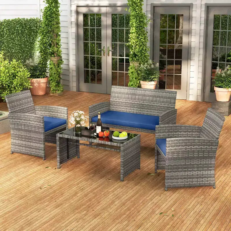 Costway Salon de jardin 4 pièces avec coussins d'assise et plateau de table en verre trempé, Extérieur Rouge/Noir/Blanc cassé/Gris/Turquoise/Bleu marine