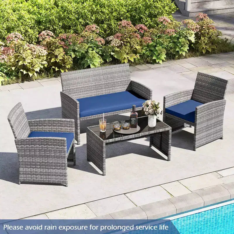 Costway Salon de jardin 4 pièces avec coussins d'assise et plateau de table en verre trempé, Extérieur Rouge/Noir/Blanc cassé/Gris/Turquoise/Bleu marine