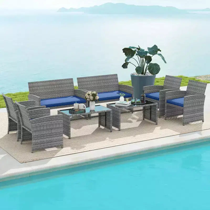 Costway Salon de jardin 4 pièces avec coussins d'assise et plateau de table en verre trempé, Extérieur Rouge/Noir/Blanc cassé/Gris/Turquoise/Bleu marine