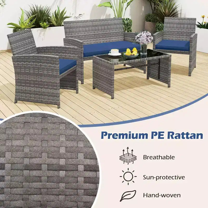 Costway Salon de jardin 4 pièces avec coussins d'assise et plateau de table en verre trempé, Extérieur Rouge/Noir/Blanc cassé/Gris/Turquoise/Bleu marine