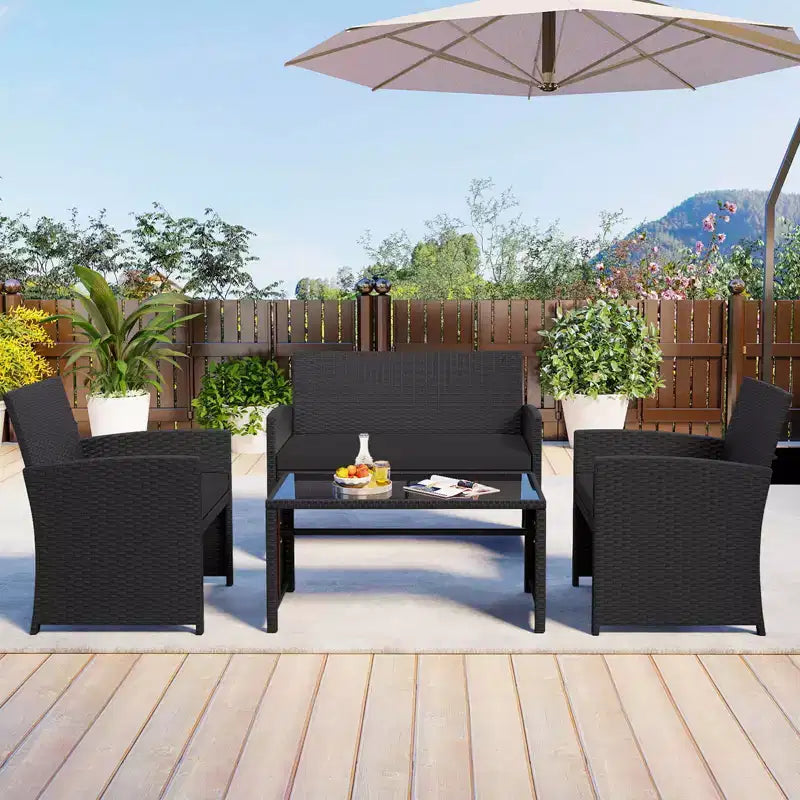 Costway Salon de jardin 4 pièces avec coussins d'assise et plateau de table en verre trempé, Extérieur Rouge/Noir/Blanc cassé/Gris/Turquoise/Bleu marine