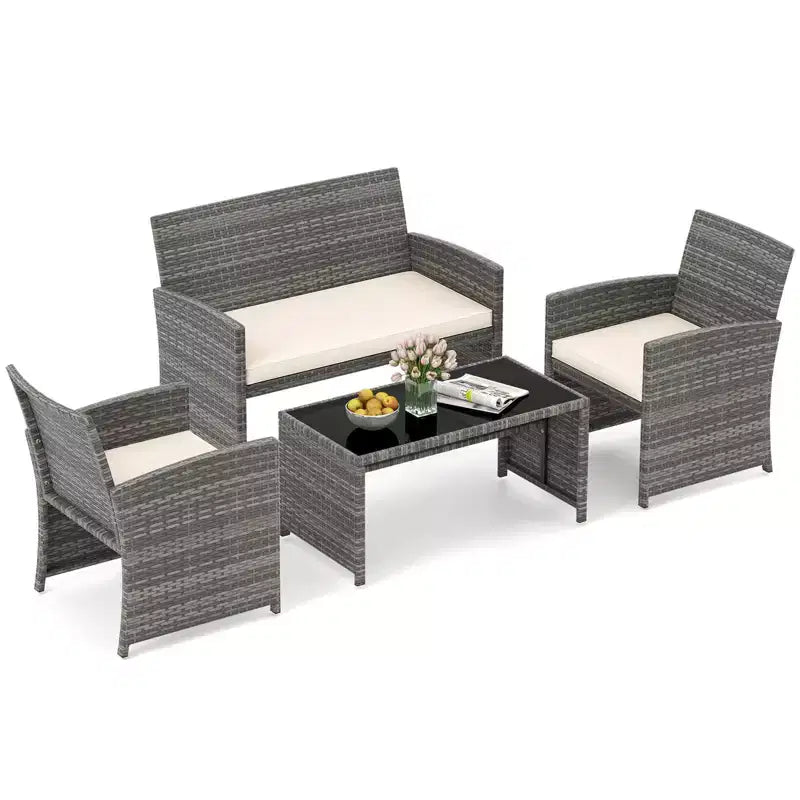 Costway Salon de jardin 4 pièces avec coussins d'assise et plateau de table en verre trempé, Extérieur Rouge/Noir/Blanc cassé/Gris/Turquoise/Bleu marine