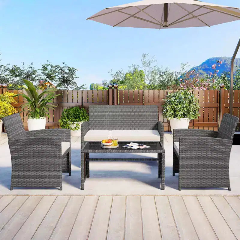 Costway Salon de jardin 4 pièces avec coussins d'assise et plateau de table en verre trempé, Extérieur Rouge/Noir/Blanc cassé/Gris/Turquoise/Bleu marine