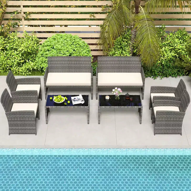 Costway Salon de jardin 4 pièces avec coussins d'assise et plateau de table en verre trempé, Extérieur Rouge/Noir/Blanc cassé/Gris/Turquoise/Bleu marine