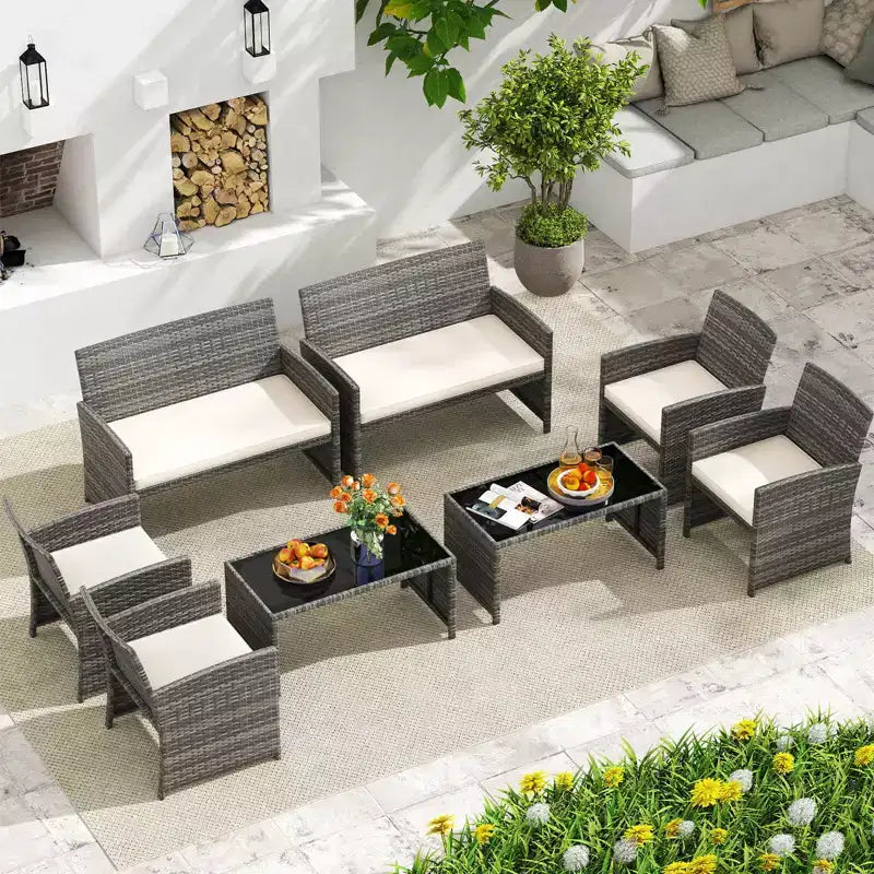 Costway Salon de jardin 4 pièces avec coussins d'assise et plateau de table en verre trempé, Extérieur Rouge/Noir/Blanc cassé/Gris/Turquoise/Bleu marine