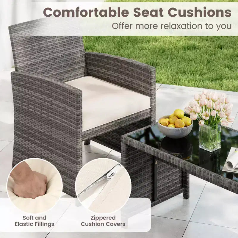 Costway Salon de jardin 4 pièces avec coussins d'assise et plateau de table en verre trempé, Extérieur Rouge/Noir/Blanc cassé/Gris/Turquoise/Bleu marine