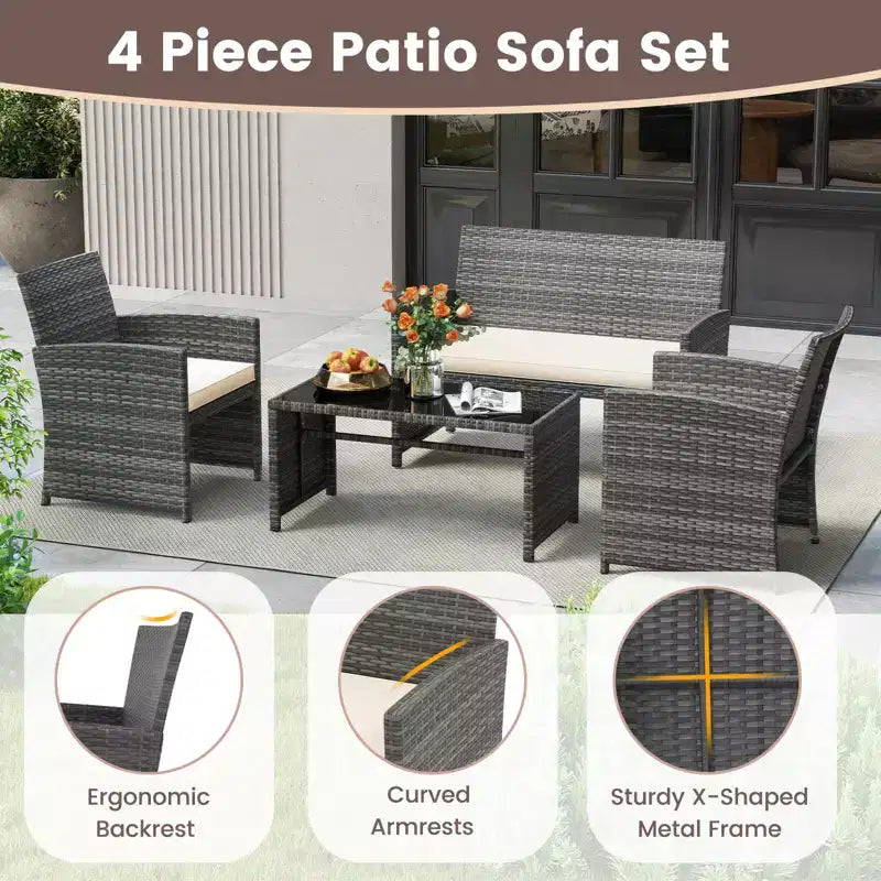 Costway Salon de jardin 4 pièces avec coussins d'assise et plateau de table en verre trempé, Extérieur Rouge/Noir/Blanc cassé/Gris/Turquoise/Bleu marine