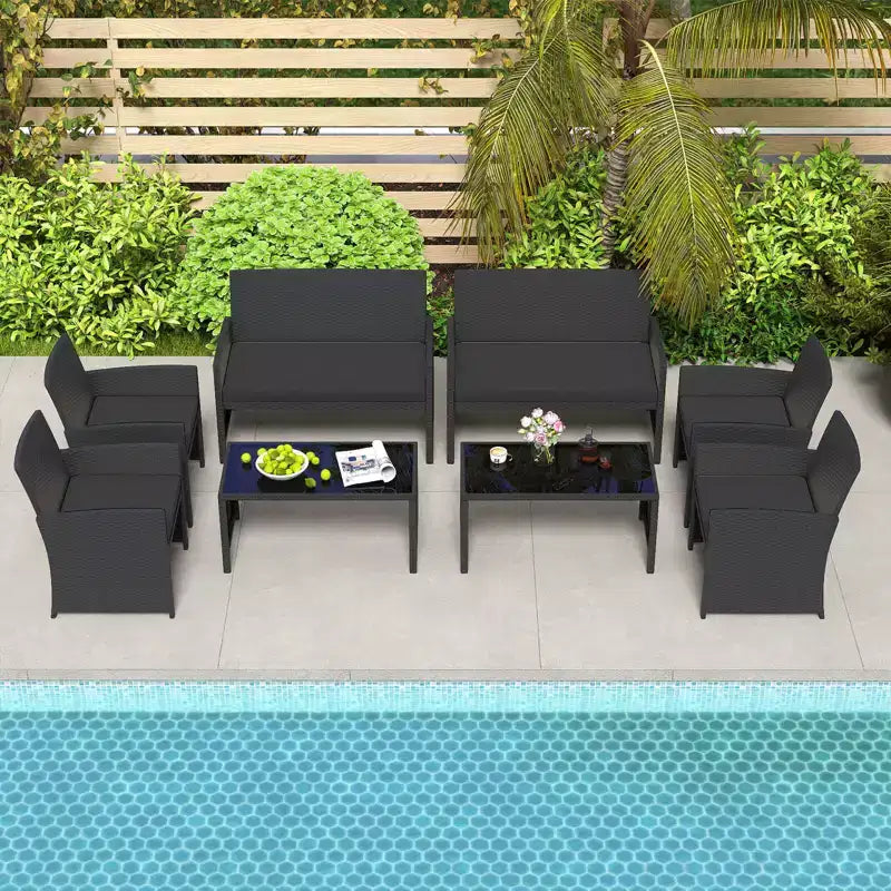 Costway Salon de jardin 4 pièces avec coussins d'assise et plateau de table en verre trempé, Extérieur Rouge/Noir/Blanc cassé/Gris/Turquoise/Bleu marine