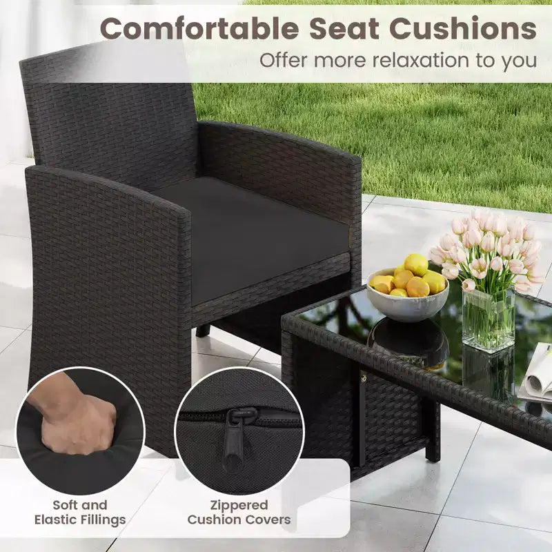 Costway Salon de jardin 4 pièces avec coussins d'assise et plateau de table en verre trempé, Extérieur Rouge/Noir/Blanc cassé/Gris/Turquoise/Bleu marine