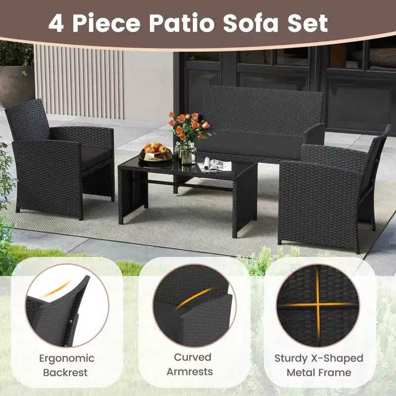 Costway Salon de jardin 4 pièces avec coussins d'assise et plateau de table en verre trempé, Extérieur Rouge/Noir/Blanc cassé/Gris/Turquoise/Bleu marine