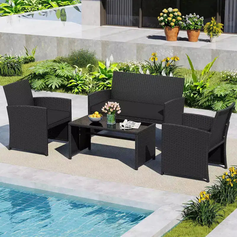 Costway 4 PCS Patio Conversation Set with Seat Cushions & Tempered Glass Tabletop, Outdoor Red/Black/Off-white/Gray/Turquoise/Navy