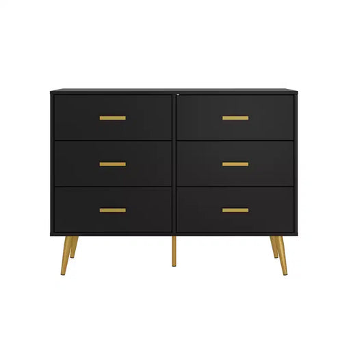 Wooden Chest of Drawers, Modern 6 Drawer Storage Cabinet with Gold Handles and Sturdy Metal Legs, Bedroom Drawer Organizer for Living Room, Hallway
