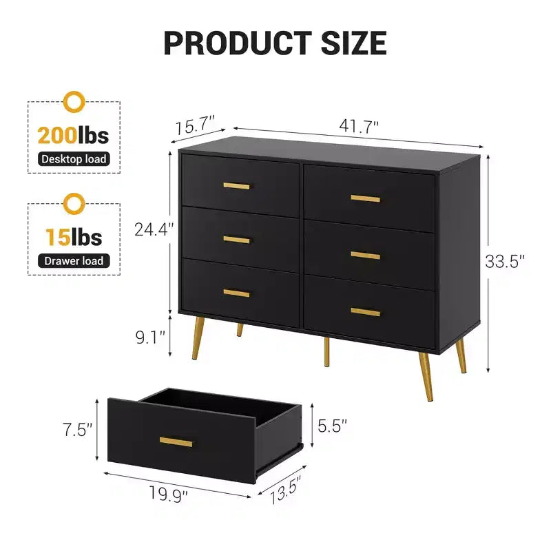 Engineered Wood 6-Drawer Chest with Gold Handles and Metal Legs 41.7''