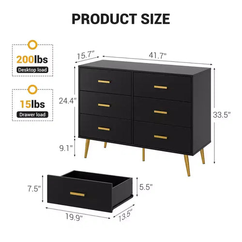 Engineered Wood 6-Drawer Chest with Gold Handles and Metal Legs 41.7''