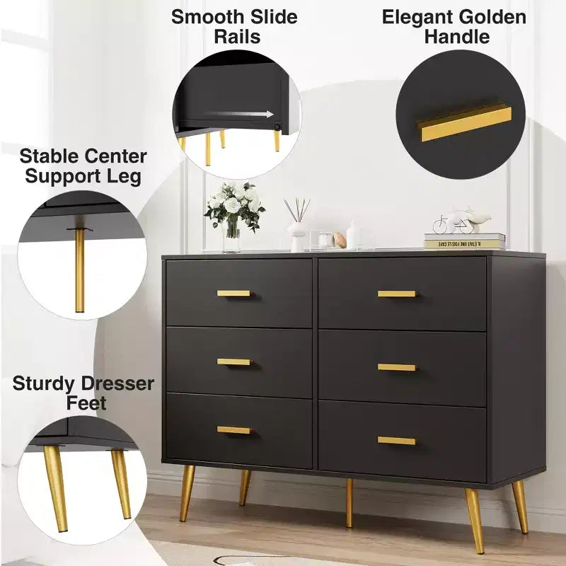 Engineered Wood 6-Drawer Chest with Gold Handles and Metal Legs 41.7''