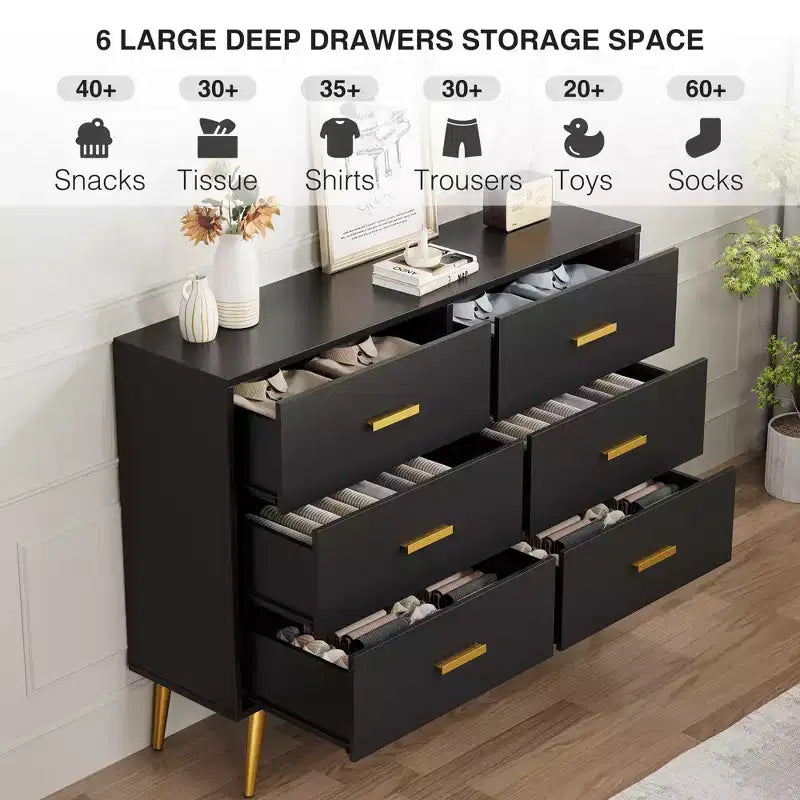Engineered Wood 6-Drawer Chest with Gold Handles and Metal Legs 41.7''