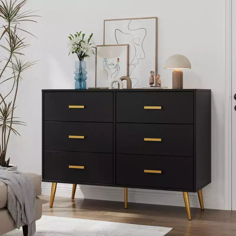 Engineered Wood 6-Drawer Chest with Gold Handles and Metal Legs 41.7''