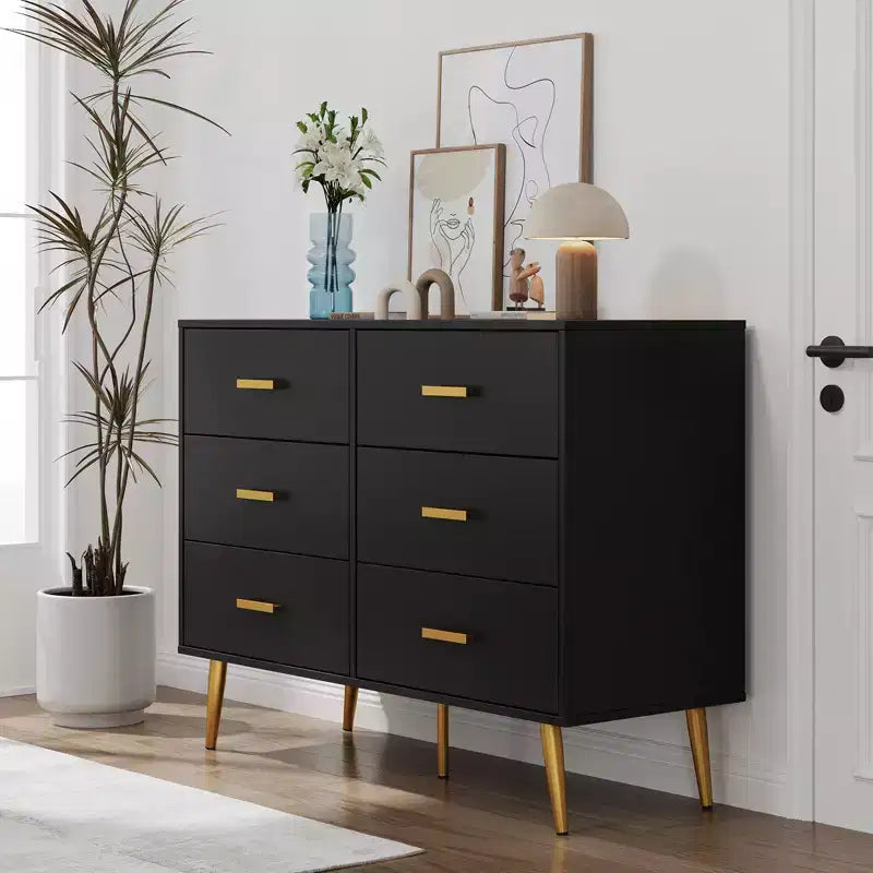 Engineered Wood 6-Drawer Chest with Gold Handles and Metal Legs 41.7''