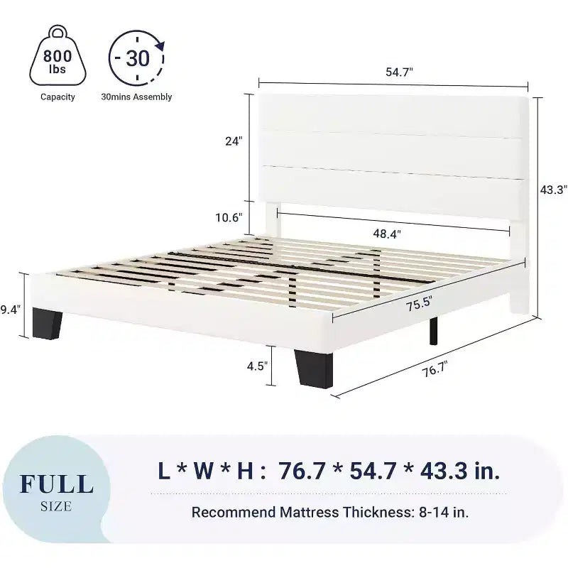 Velvet Upholstered Bed Frame with Wood Slats White
