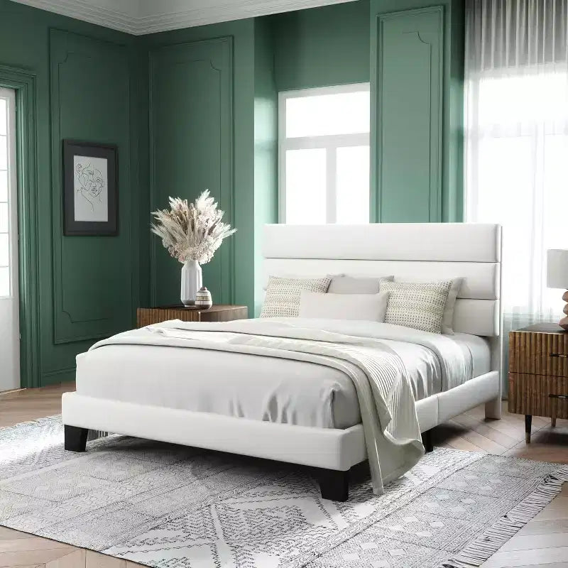 Velvet Upholstered Bed Frame with Wood Slats White