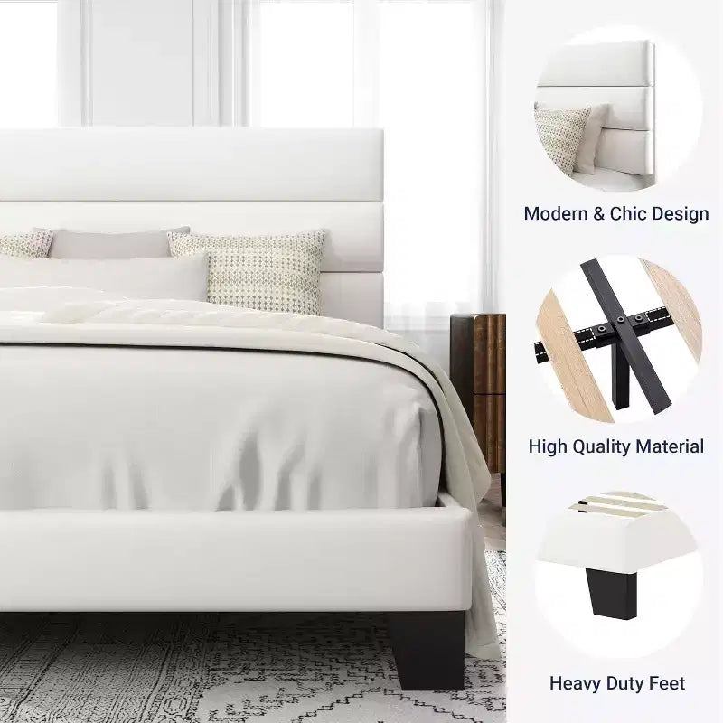 Velvet Upholstered Bed Frame with Wood Slats White