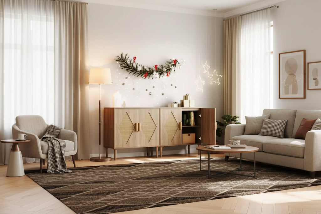 Rattan Sideboard with Double Doors, Bohemian Storage Cabinet with Drawers for Dining Room and Living Room