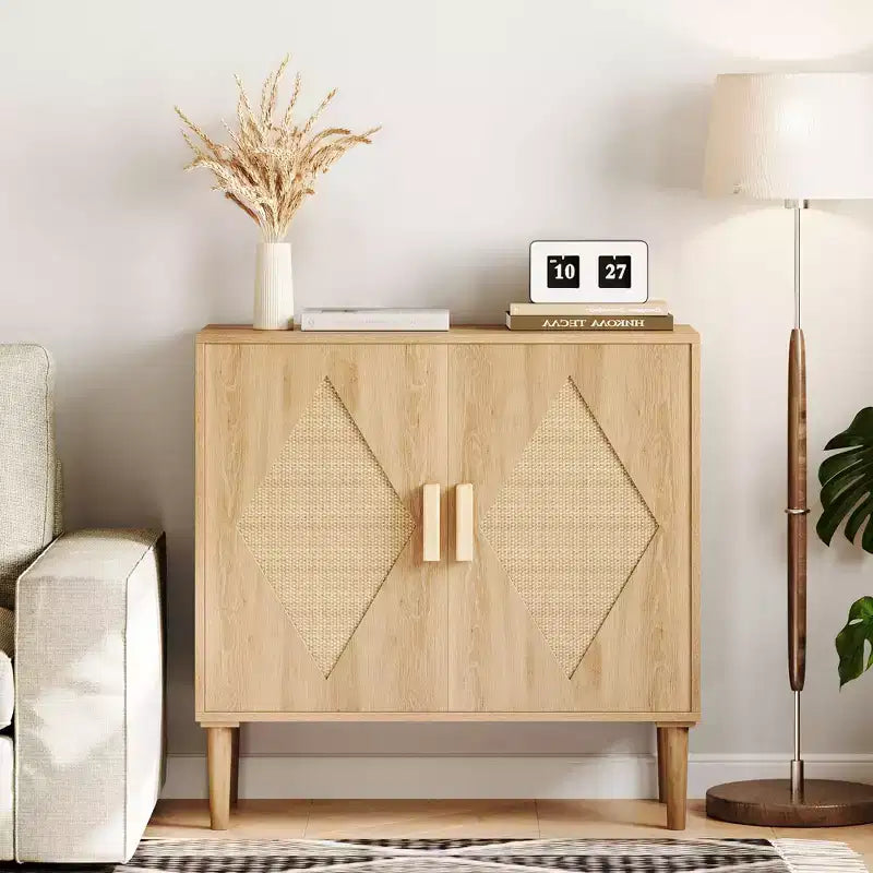 Solid Wood Rattan Sideboard with 2 Doors and 2 Drawers 31.5''