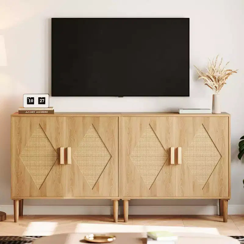 Solid Wood Rattan Sideboard with 2 Doors and 2 Drawers 31.5''