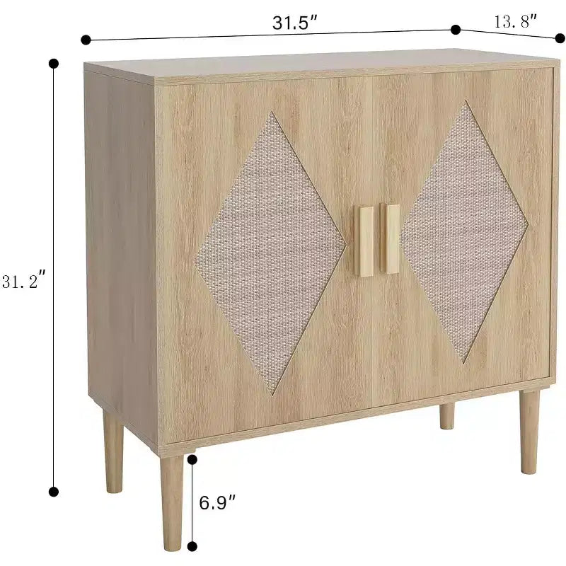 Solid Wood Rattan Sideboard with 2 Doors and 2 Drawers 31.5''