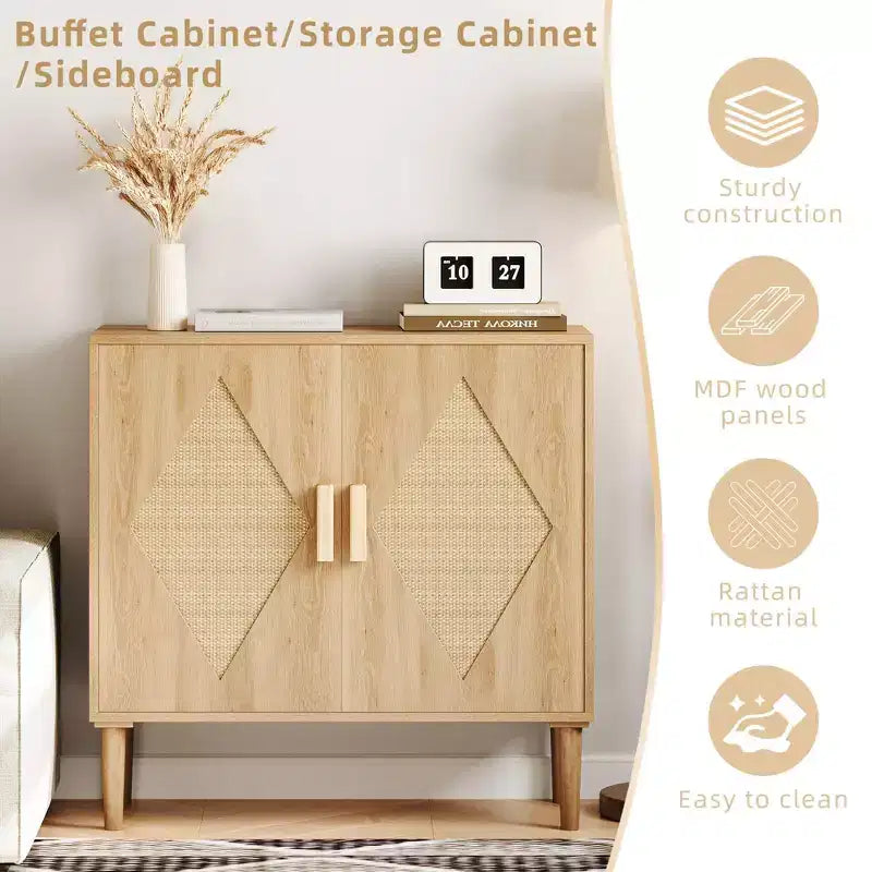 Solid Wood Rattan Sideboard with 2 Doors and 2 Drawers 31.5''