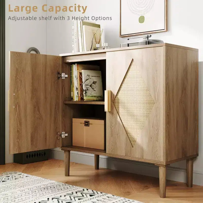 Solid Wood Rattan Sideboard with 2 Doors and 2 Drawers 31.5''