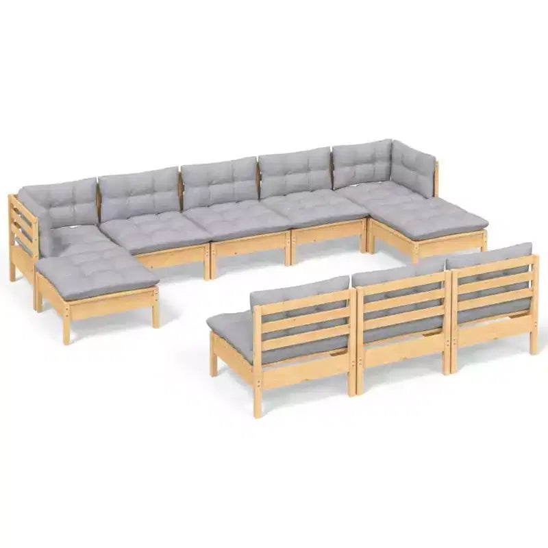vidaXL Solid Pinewood Patio Lounge Set 10 Piece with Cushions - Brown and Gray