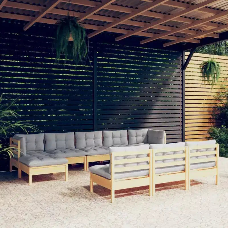 vidaXL Salon de jardin 10 pièces en pin massif avec coussins - Marron et Gris