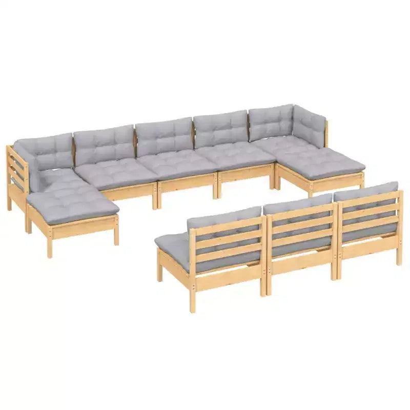 vidaXL Salon de jardin 10 pièces en pin massif avec coussins - Marron et Gris