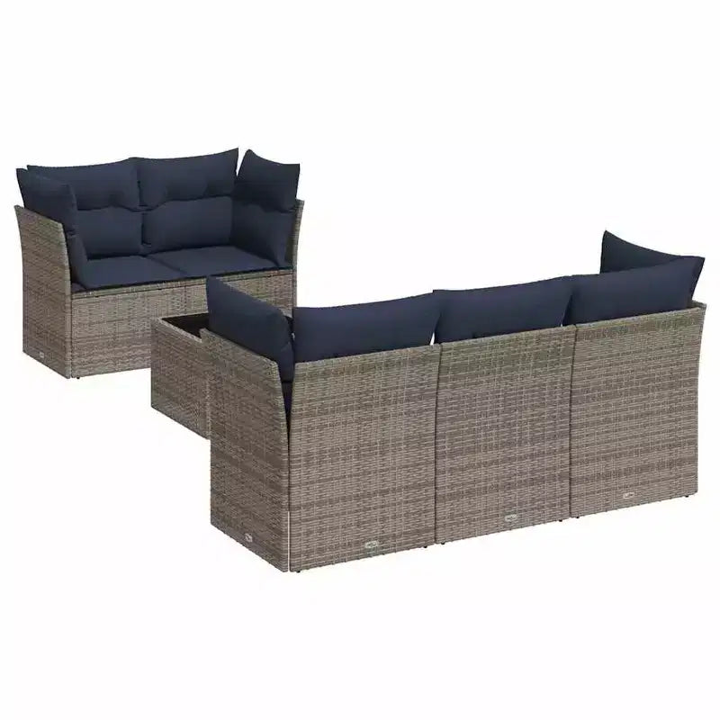 vidaXL 6 Piece Patio Sofa Set with Cushions Gray and Navy Blue Poly Rattan