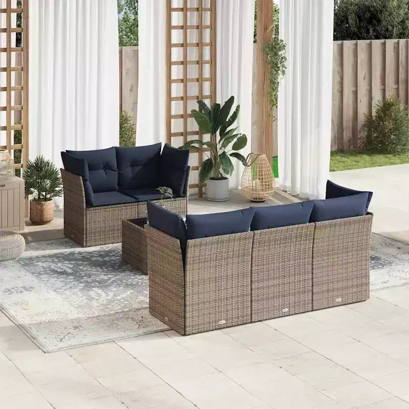 vidaXL Salon de jardin 6 pièces avec coussins, résine tressée, gris et bleu marine