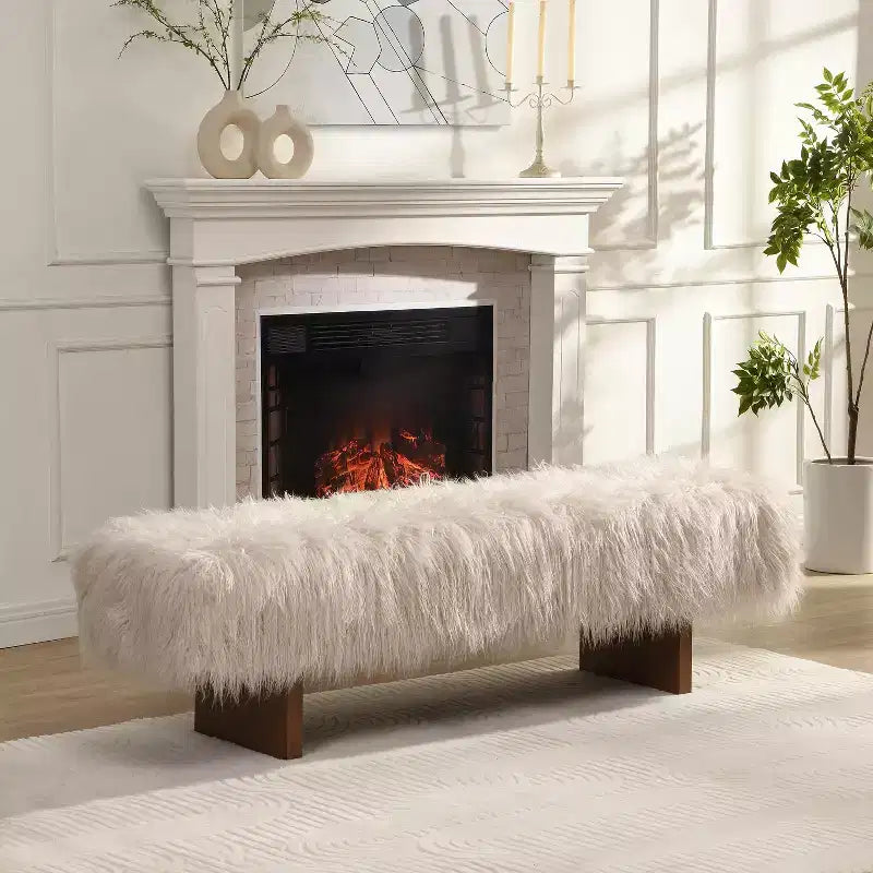 Rubberwood Faux Wool Upholstered Bench