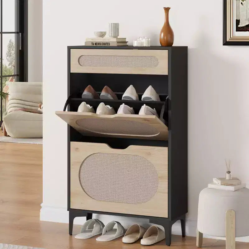 Wood Rattan Narrow Shoe Cabinet with Flip and Pull-Out Drawers 40''