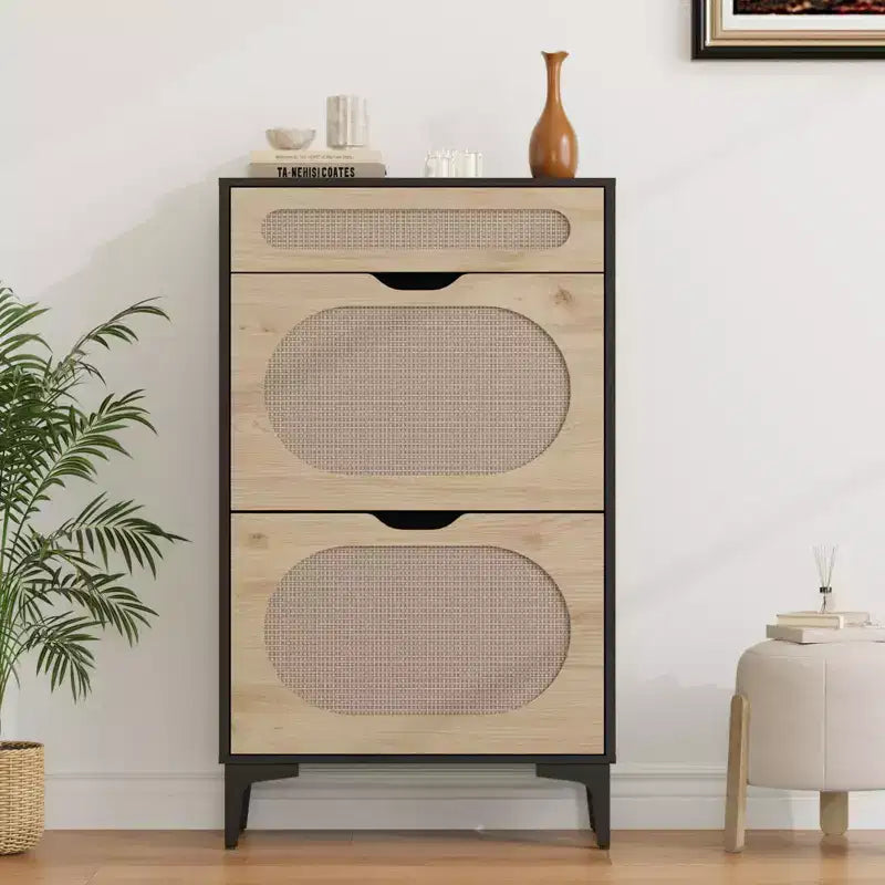 Wood Rattan Narrow Shoe Cabinet with Flip and Pull-Out Drawers 40''