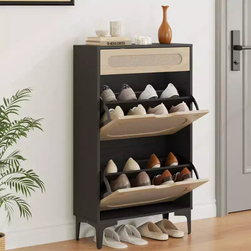 Wood Rattan Narrow Shoe Cabinet with Flip and Pull-Out Drawers 40''