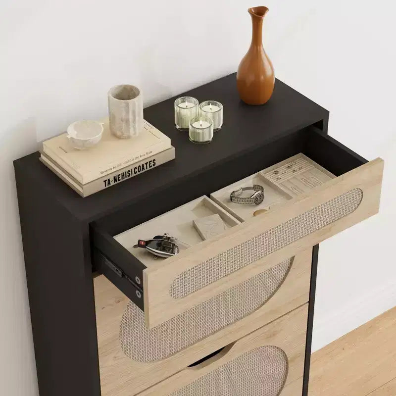 Wood Rattan Narrow Shoe Cabinet with Flip and Pull-Out Drawers 40''