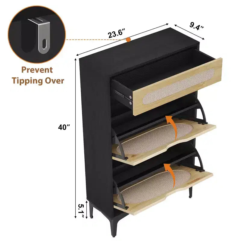 Wood Rattan Narrow Shoe Cabinet with Flip and Pull-Out Drawers 40''