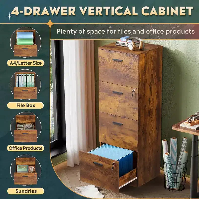 Engineered Wood 4-Drawer Vertical File Cabinet with Lock 51.2''
