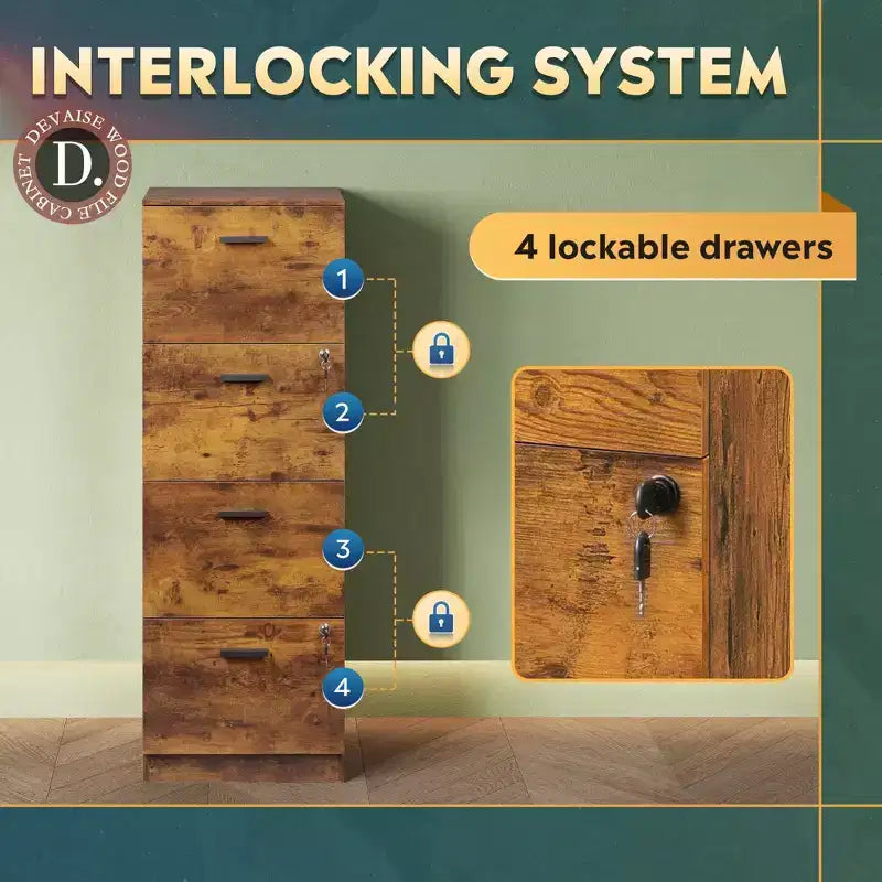 Engineered Wood 4-Drawer Vertical File Cabinet with Lock 51.2''
