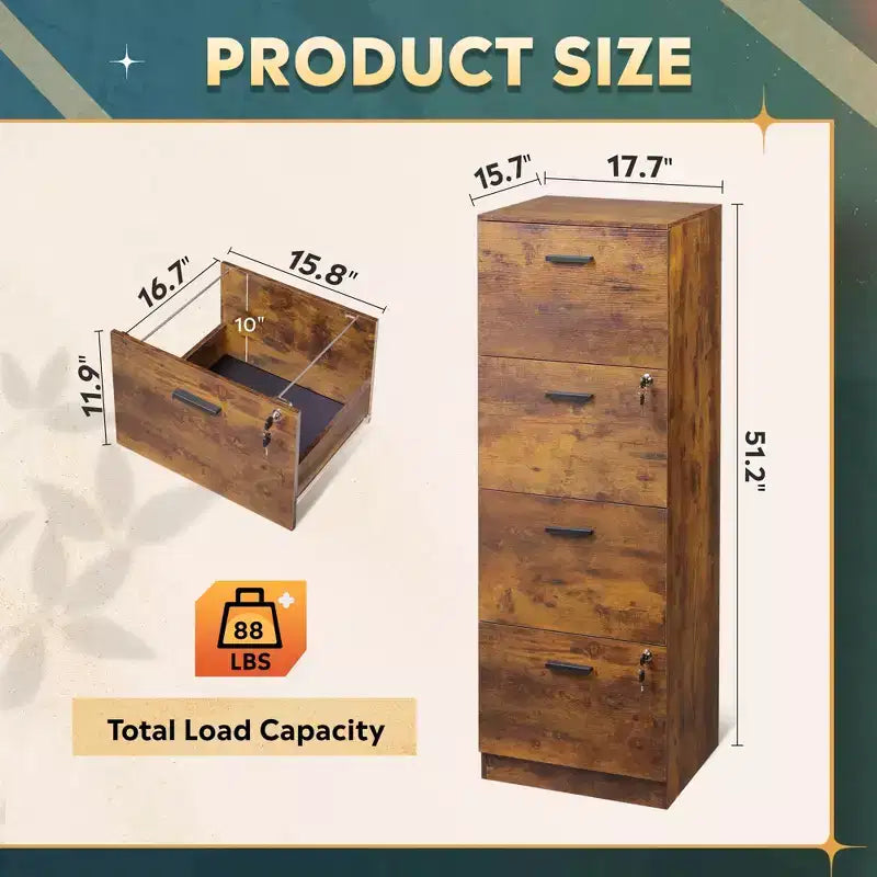 Engineered Wood 4-Drawer Vertical File Cabinet with Lock 51.2''